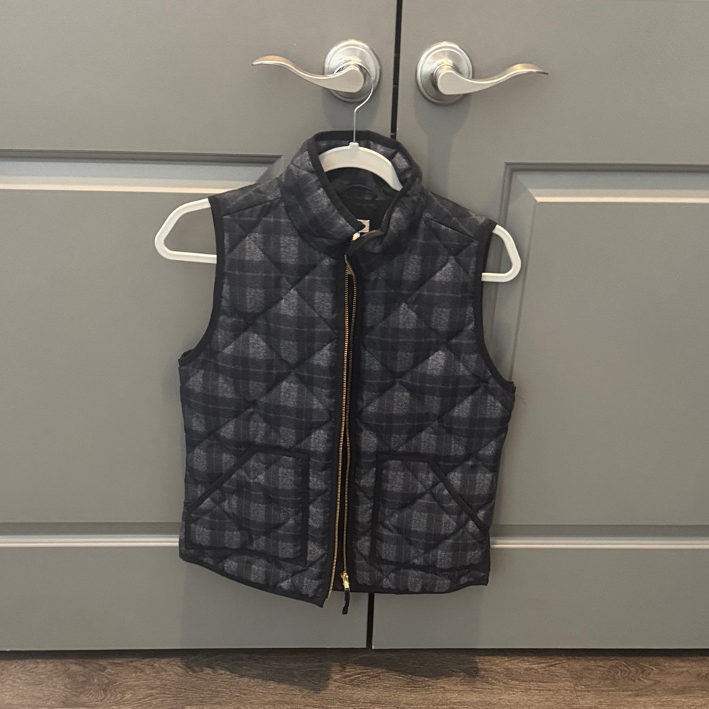 J. Crew Navy Quilted Vest with Subtle Plaid